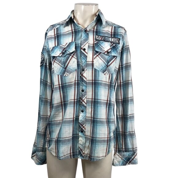 AFFLICTION - MEN'S MEDIUM  MULTICOLOR PLAID LONG SLEEVE SNAP COLLARED SHIRT - Picture 1 of 5